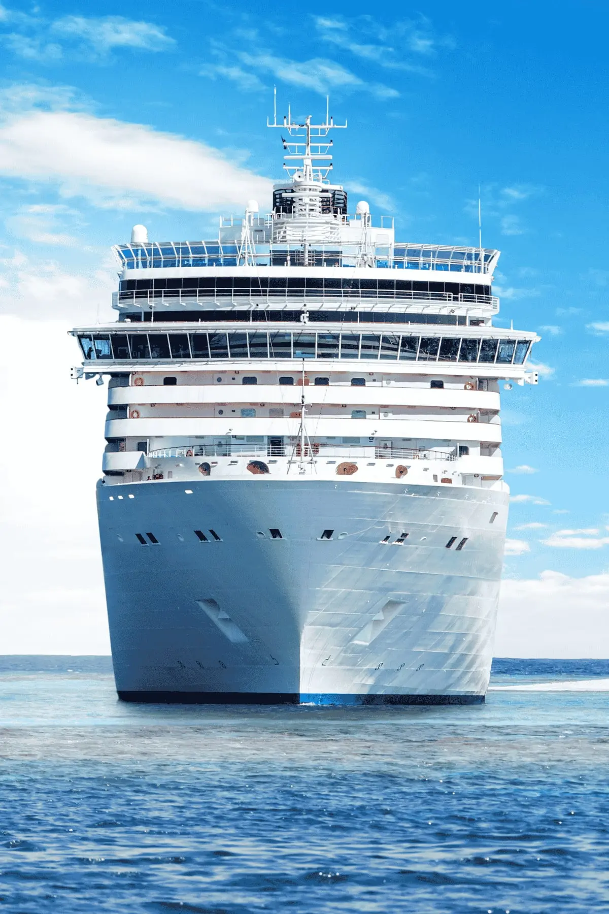 Cruise ship at sea, viewed bow-on