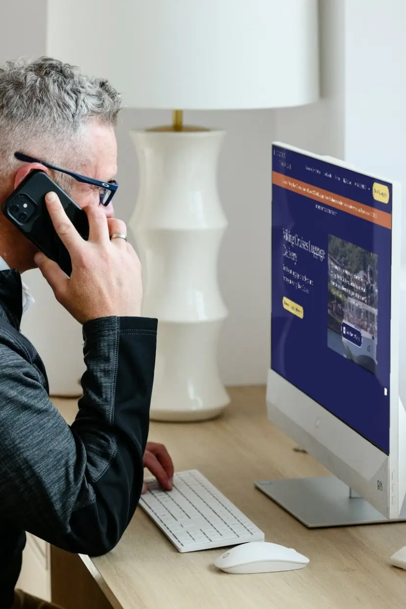 Guest on the phone booking on a co-branded Viking Cruises luggage delivery portal