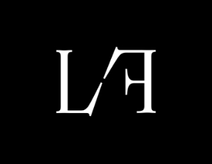 Luggage Forward monogram white on black background