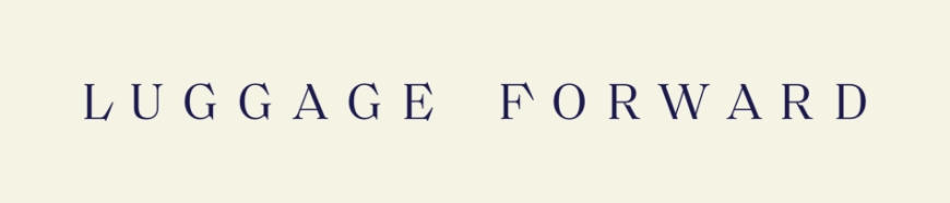 Luggage Forward navy blue logo on off-white background