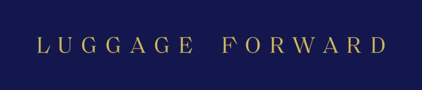 Luggage Forward gold logo on navy blue background