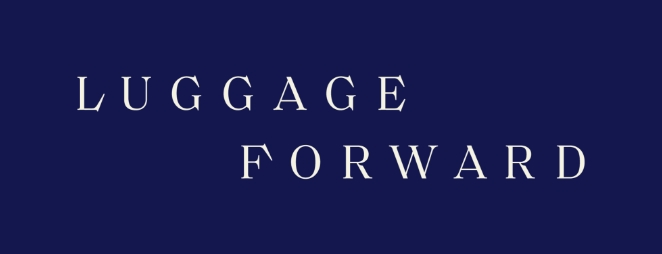 Luggage Forward stacked off-white logo on navy blue background