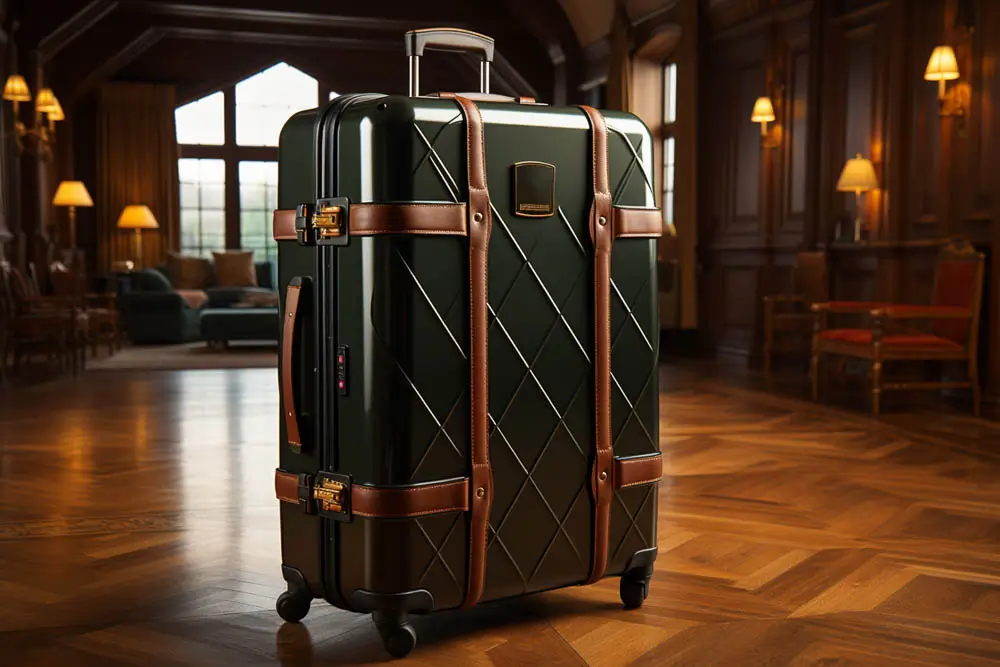 Green suitcase in a hotel lobby