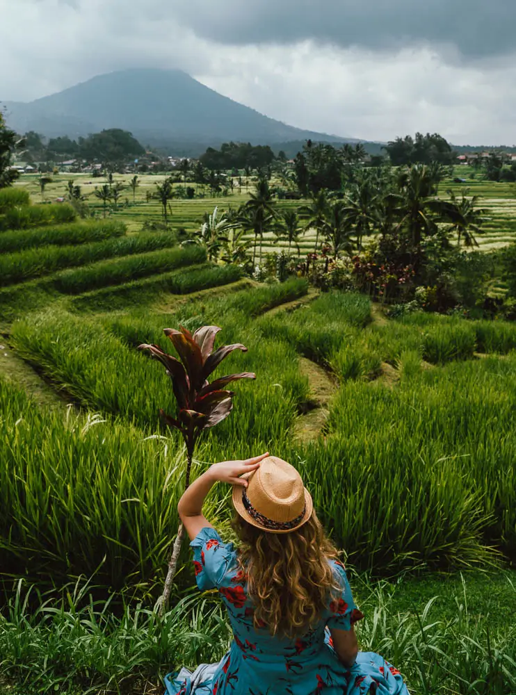 Woman sitting in a green field in Bali