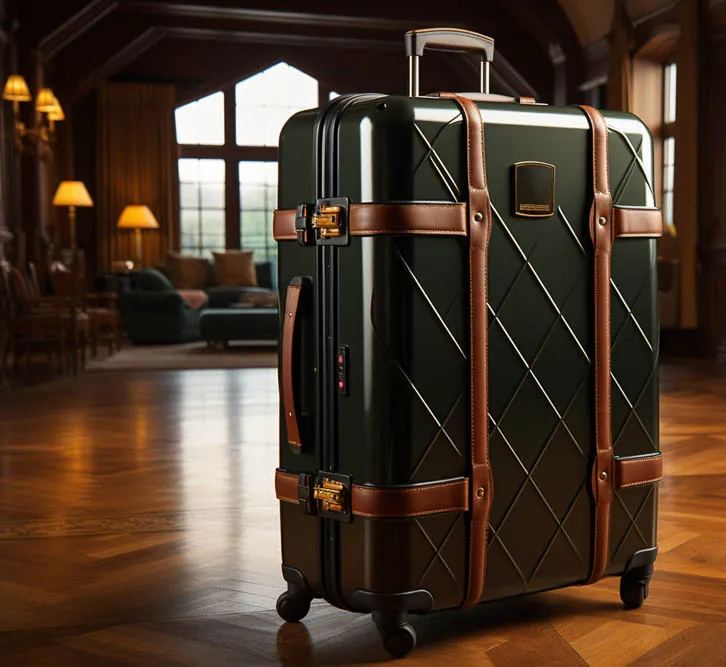 A piece of luggage in a hotel lobby